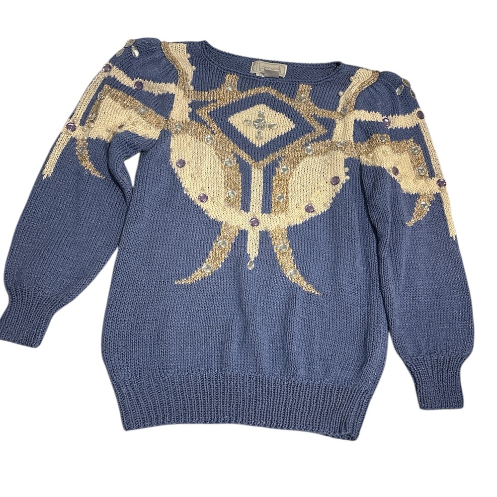 80’s Vintage Nannell Elegant Blue and Gold Jewel Encrusted Women's Sweater